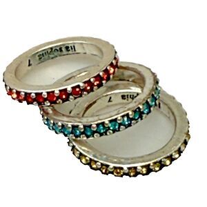 Lia Sophia Rhinestone Band Rings Trio Red Yellow Blue Size 7 GUC Jewelry